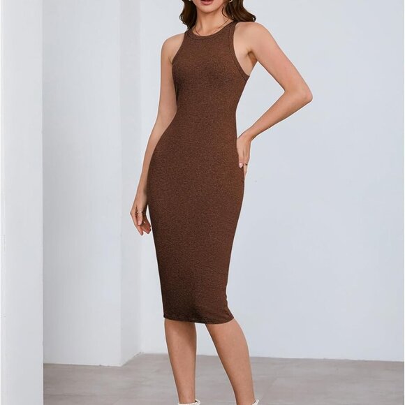 Women's Sleeveless Ribbed Knit Midi Dress Fall Casual Office Wedding Guest - Picture 5 of 6